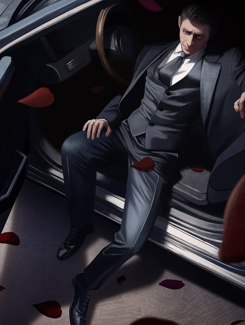 1boy arm_rest black_hair black_jacket black_necktie black_pants black_shoes black_suit black_vest brown_eyes buttons car car_interior car_seat collared_shirt commentary dress_pants dress_shoes english_commentary falling_petals formal_clothes full_body furrowed_brow hair_slicked_back hand_on_own_thigh highres itsiitsubox jacket knee_up lapels layered_clothes long_sleeves male_focus motor_vehicle necktie notched_lapels on_chair open_clothes open_jacket original pants petals red_petals shirt shoes short_hair sitting smile solo steering_wheel suit suit_jacket very_short_hair vest white_shirt wing_collar