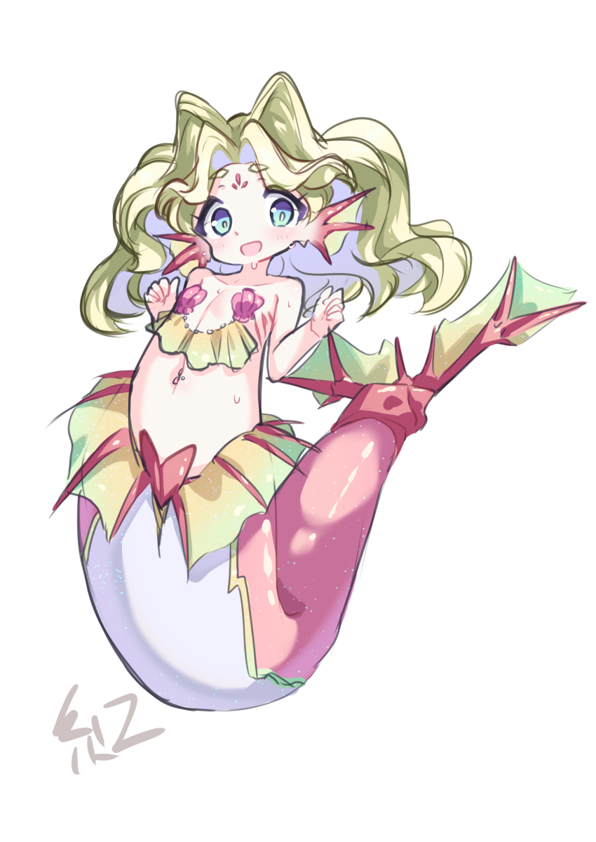 1girl absurdres ben1shoga blonde_hair blush fins flat_chest gills green_eyes head_fins highres looking_at_viewer monster_girl multicolored_hair navel open_mouth original red_tail shell shell_bikini signature simple_background swimsuit thick_eyebrows two-tone_hair