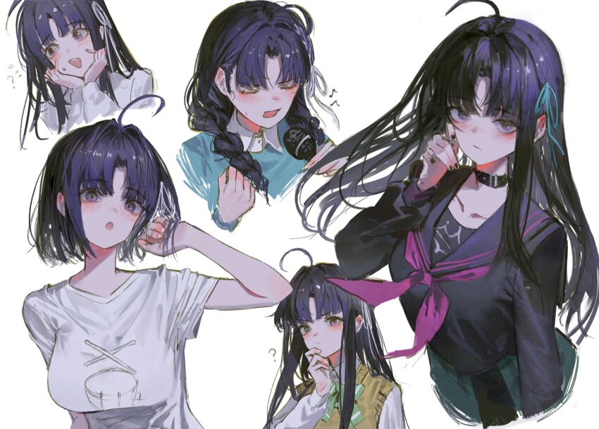 1girl ahoge awa_subaru black_hair black_nails black_sailor_collar black_shirt blue_shirt braid brown_sweater_vest commentary_request girls_band_cry hair_intakes hair_ribbon hands_on_own_cheeks hands_on_own_face highres long_hair lunifish multiple_views nail_polish neckerchief official_alternate_hairstyle parted_bangs purple_eyes purple_neckerchief ribbon sailor_collar school_uniform serafuku shirt short_hair simple_background sweater_vest twin_braids upper_body white_background white_shirt