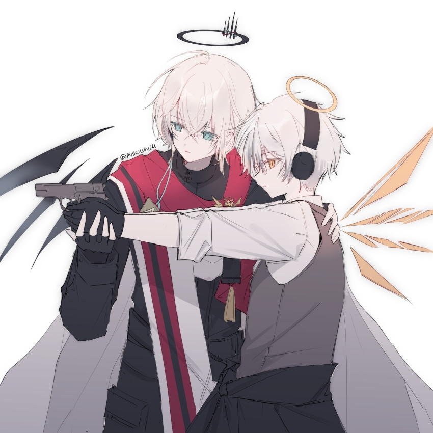 2boys adnachiel_(arknights) arknights black_gloves black_halo black_jacket black_pants black_shirt blonde_hair brooch clothes_around_waist commentary cowboy_shot english_commentary executor_(arknights) executor_the_ex_foedere_(arknights) fingerless_gloves glasses gloves green_eyes grey_hair grey_vest gun halo hand_on_another&#039;s_shoulder headphones helping highres holding holding_gun holding_weapon jacket jacket_around_waist jewelry male_focus multiple_boys pants pushu red_scarf scarf shirt short_hair simple_background sleeves_rolled_up tilted_halo traditional_halo twitter_username vest weapon white_background wings yellow_eyes