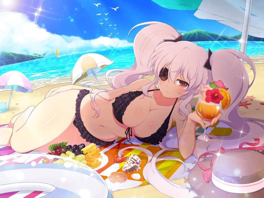 1girl :o beach_towel beach_umbrella bikini black_bikini blush boat breasts cleavage cloud crab day eyepatch food frilled_bikini frills fruit grapes hair_ornament hat highres innertube large_breasts long_hair looking_at_viewer navel ocean official_art open_mouth orange_(fruit) outdoors palm_tree red_eyes senran_kagura shell shore shuriken sky solo straw_hat strawberry swim_ring swimsuit towel tree twintails umbrella water watercraft weapon white_hair yaegashi_nan yagyu_(senran_kagura)