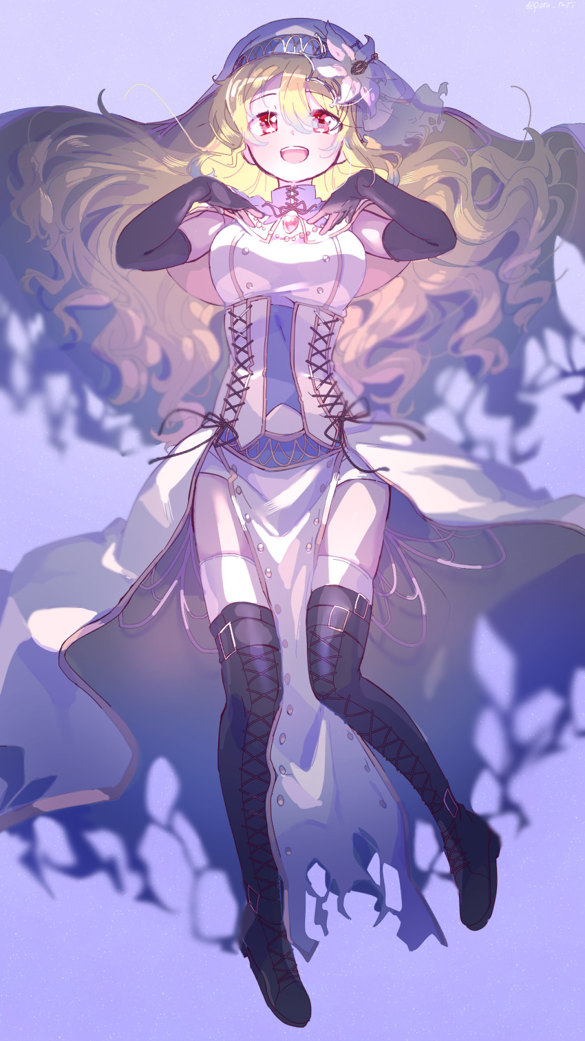 1girl absurdres alternate_costume aqua_background belt black_boots black_gloves blonde_hair blurry blurry_background boots breasts capelet cross-laced_clothes curly_hair daffodil dot_nose dress elbow_gloves floating floating_hair flower gloves glowing gradient_hair green_hair habit hair_between_eyes hair_flower hair_ornament half-closed_eyes hand_on_own_chest hands_up high_collar highres lace-up_boots large_breasts light light_particles light_smile long_dress long_hair looking_at_viewer magia_record:_mahou_shoujo_madoka_magica_gaiden mahou_shoujo_madoka_magica multicolored_hair open_mouth pelvic_curtain red_eyes serizawa_serizane simple_background solo soul_gem spider_web_hair_ornament teeth thigh_boots thighhighs thighhighs_under_boots thighs togame_momoko togame_momoko_(sister_ver.) torn_clothes torn_dress twitter_username upper_teeth_only white_capelet white_dress white_flower white_headwear white_thighhighs zettai_ryouiki