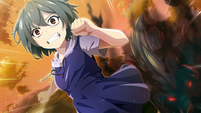 1girl black_shorts blue_dress brown_eyes clenched_hands clenched_teeth cowboy_shot dress dutch_angle emphasis_lines evening fleeing game_cg grey_hair hair_between_eyes highres higurashi_no_naku_koro_ni higurashi_no_naku_koro_ni_mei kimiyoshi_kazuho monster non-web_source official_art orange_sky outdoors pinafore_dress running scared shirt short_hair short_sleeves shorts shorts_under_dress sky sleeveless sleeveless_dress teeth white_shirt
