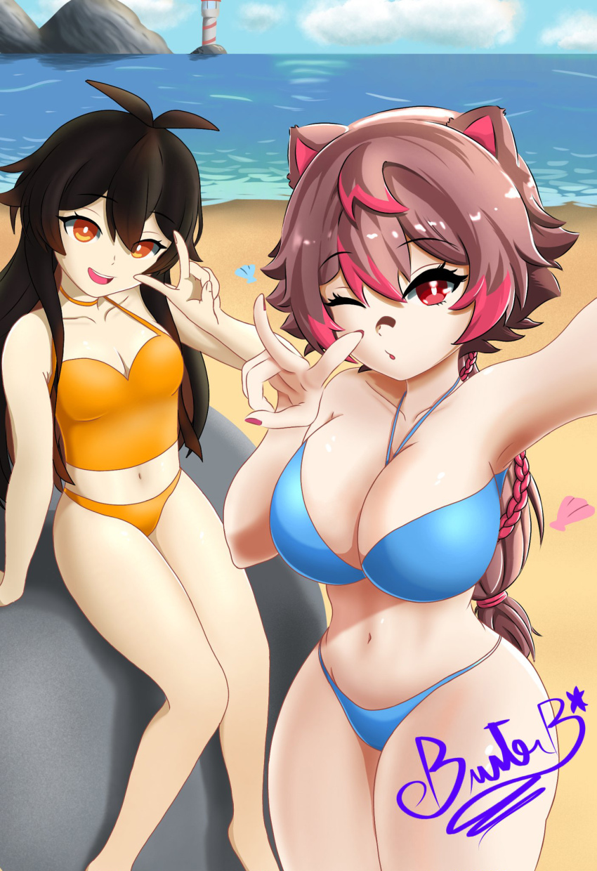 2girls alternate_hair_length alternate_hairstyle animal_ears arm_support armpits artist_name beach bikini black_hair blue_bikini blue_sky breasts brown_hair buster-art cleavage cloud collarbone colored_tips cowboy_shot day eyebrows eyelashes feet_out_of_frame female_focus from_above hand_up highres indie_virtual_youtuber jewelry large_breasts lin_kaimane long_hair looking_at_viewer looking_up low_ponytail multicolored_hair multiple_girls nail_polish navel necklace ocean one_eye_closed open_mouth orange_bikini orange_eyes outdoors outstretched_arm petite pink_nails ponytail raccoon_ears raccoon_girl rakkun_sutaru red_hair rock sand selfie sitting sky small_breasts smile strapless strapless_bikini streaked_hair swimsuit teeth two-tone_hair upper_teeth_only v virtual_youtuber water watermark wide_hips