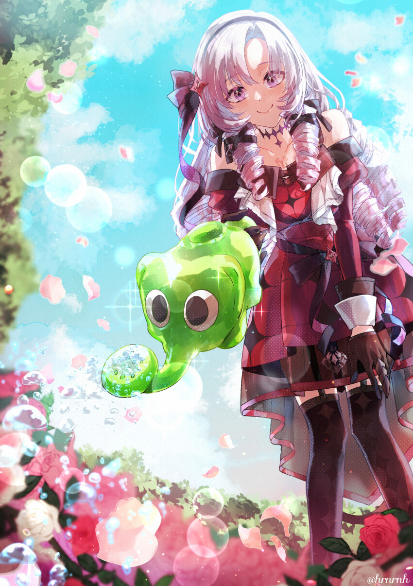 1girl artist_name bare_shoulders black_gloves black_ribbon black_thighhighs blue_sky chest_tattoo choker claw_ring closed_mouth cloud collarbone commentary_request day dress drill_hair drill_sidelocks eyelashes flower from_below garter_straps gloves hair_between_eyes hair_ornament hair_ribbon hairband haruna_(hrnrnh) high-low_dress highres holding holding_watering_can hyakumantenbara_salome hyakumantenbara_salome_(1st_costume) juliet_sleeves leaning_forward lens_flare light_particles long_hair long_sleeves looking_at_viewer nijisanji off-shoulder_dress off_shoulder outdoors parted_bangs petals pink_flower puffy_sleeves purple_choker purple_eyes purple_hair purple_hairband purple_ribbon red_dress red_flower ribbon sidelocks sky sleeve_cuffs smile solo sparkle standing tattoo thighhighs twitter_username virtual_youtuber water water_drop watering watering_can white_flower