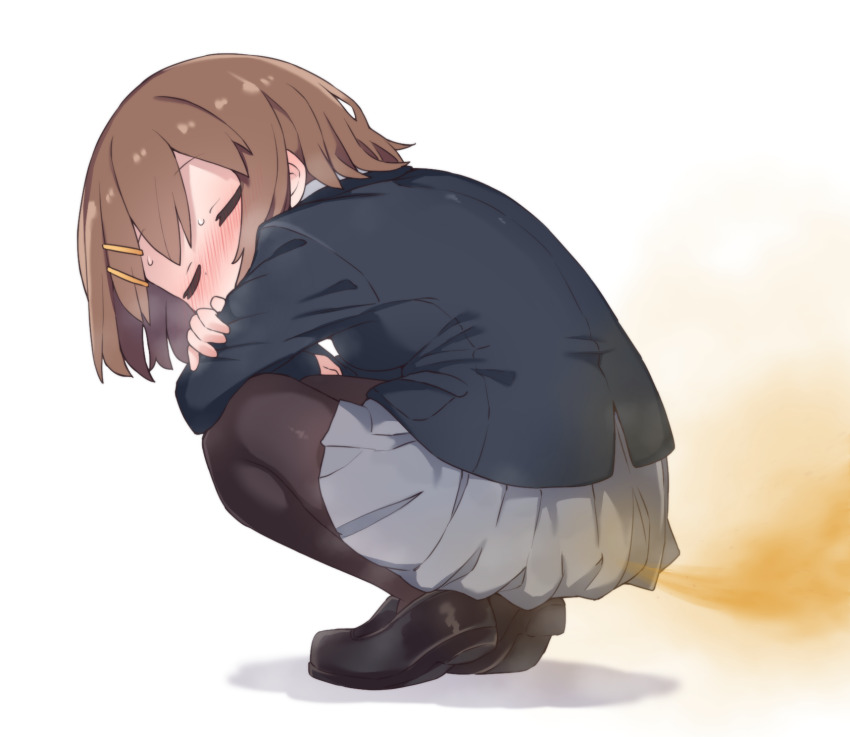1girl aku0 back black_pantyhose black_shoes blazer blue_jacket blue_skirt blush brown_hair closed_eyes collared_shirt covering_own_mouth dress_shirt fart full_body hair_ornament hairclip highres hirasawa_yui jacket k-on! looking_at_viewer medium_hair pantyhose pleated_skirt sakuragaoka_high_school_uniform school_uniform shirt shoes skirt solo squatting sweat uwabaki white_background white_shirt