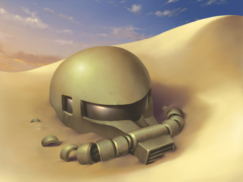 buried damaged desert evening gundam helmet mecha mobile_suit_gundam no_humans robot sand sky wacchi zaku