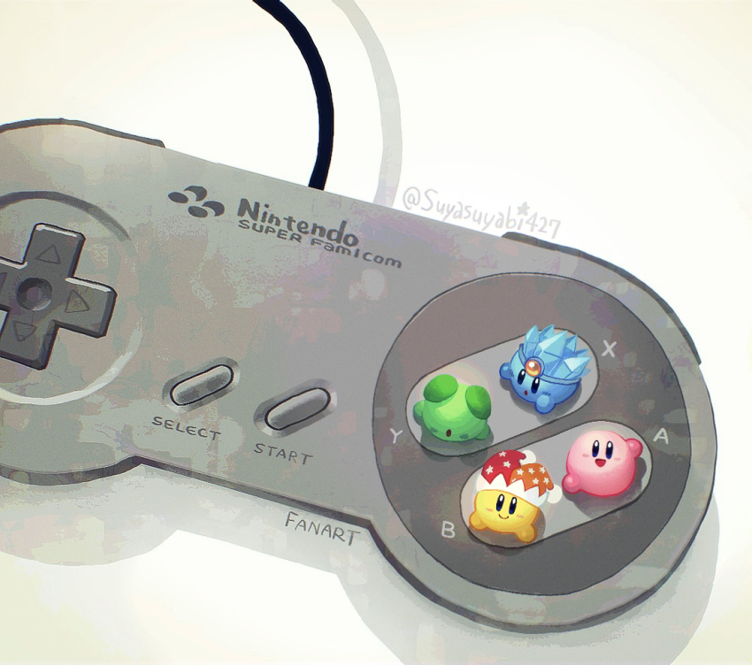 :d :o blue_skin blush_stickers closed_mouth colored_skin commentary_request controller d-pad game_controller green_skin hat ice_kirby jester_cap kirby kirby_(series) looking_at_viewer nintendo no_humans open_mouth orange_hat red_hat simple_background smile super_famicom_gamepad suyasuyabi twitter_username two-tone_headwear waving white_background yellow_skin