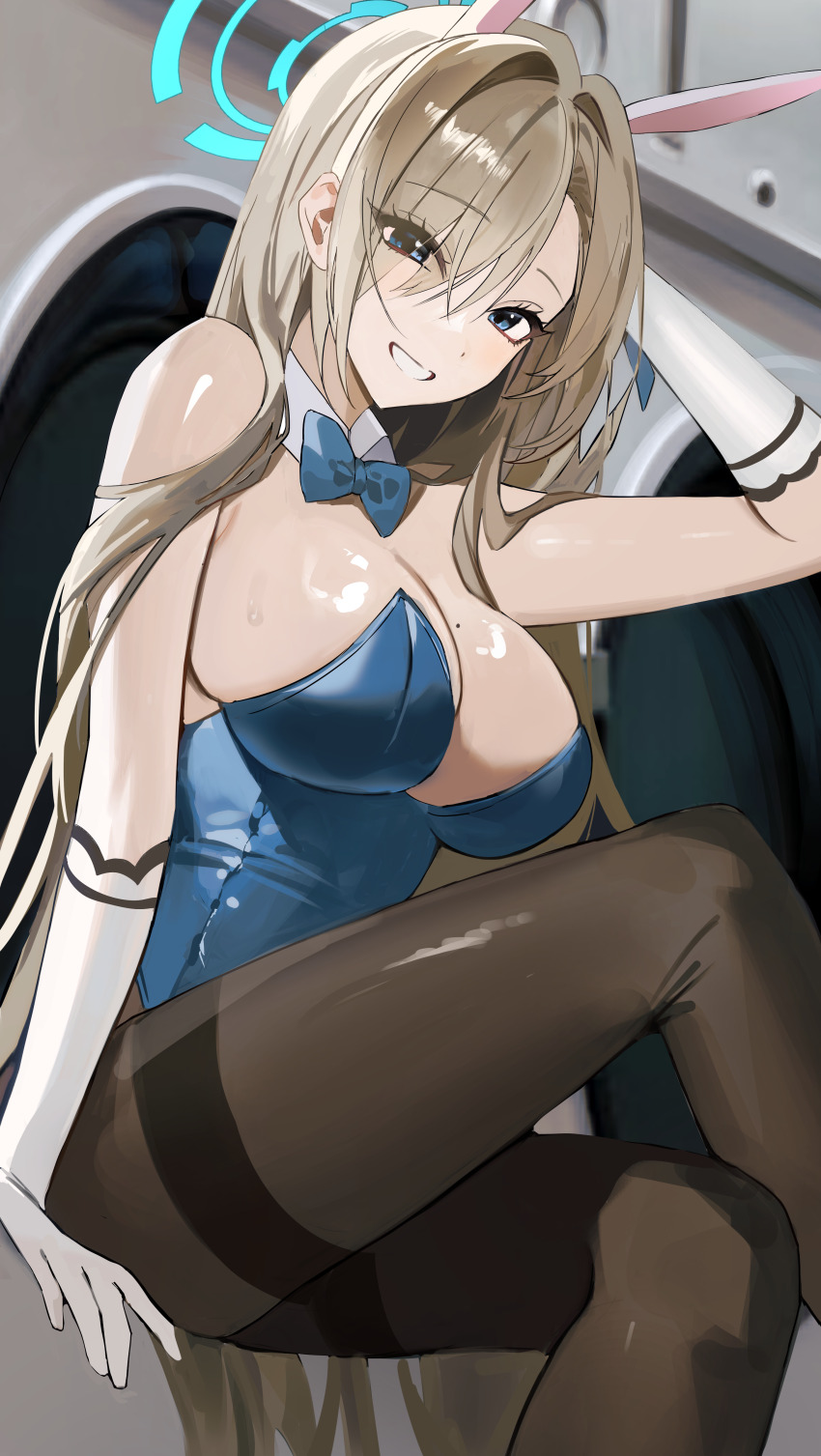 absurdres animal_ears arm_support arm_up asuna_(blue_archive) asuna_(bunny)_(blue_archive) bare_shoulders black_pantyhose blue_archive blue_bow blue_bowtie blue_eyes blue_halo blue_leotard bow bowtie breasts cleavage commentary detached_collar elbow_gloves eyes_visible_through_hair fake_animal_ears gloves hair_intakes hair_over_one_eye halo highres large_breasts leotard light_brown_hair long_hair mole mole_on_breast official_alternate_costume pantyhose pibag rabbit_ears sitting skindentation strapless strapless_leotard thighband_pantyhose very_long_hair washing_machine white_gloves
