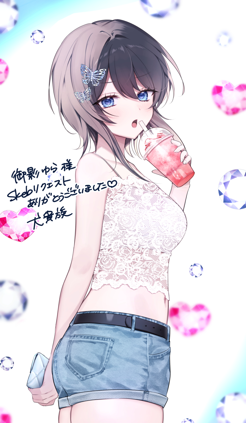 1girl absurdres arm_behind_back bare_shoulders belt black_belt blue_eyes blush breasts brown_hair butterfly_hair_ornament commentary_request commission cowboy_shot cup denim denim_shorts from_side hair_intakes hair_ornament hairpin hand_up heart heart-shaped_pupils highres holding holding_cup holding_wallet indie_virtual_youtuber kumo_tabetai lace_shirt looking_at_viewer medium_breasts medium_hair mikage_yura multiple_hairpins navel open_mouth shorts skeb_commission solo standing symbol-shaped_pupils tank_top thighs translation_request virtual_youtuber wallet white_tank_top