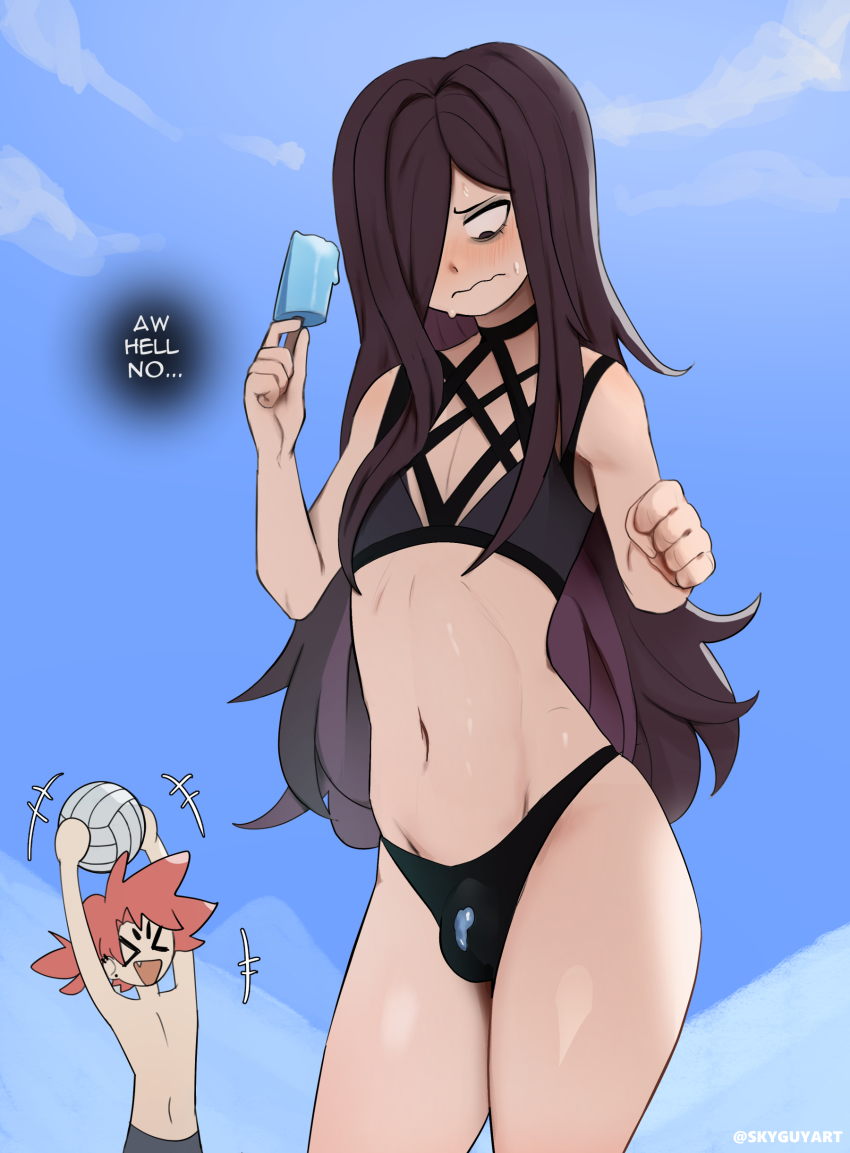 2boys absurdres bikini black_bikini black_eyes black_hair blush bulge crossdressing food hair_over_one_eye highres long_hair male_focus multiple_boys original popsicle roland_(ms_pigtails) sky sky_guy_art swimsuit trap