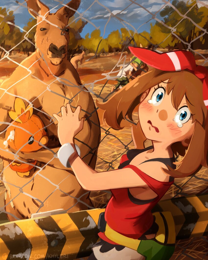 1boy 1girl absurdres animal bare_shoulders barefoot blue_eyes blue_sky blush breasts broken_fence brown_hair chain-link_fence cloud commentary creatures_(company) crying crying_with_eyes_open day expressive_clothes eyelashes fanny_pack fence furrowed_brow game_freak gen_3_pokemon green_hair green_pants hairband headlock highres holding holding_stuffed_toy kangaroo khyle. looking_at_viewer may_(pokemon) medium_hair nintendo open_mouth outdoors pants peril pokemon pokemon_oras red_hairband red_ribbon red_tank_top ribbon shirt shorts sky small_breasts strap_slip stuffed_toy stuffing tank_top tears theft torchic tree unhappy upper_body wally_(pokemon) white_shorts