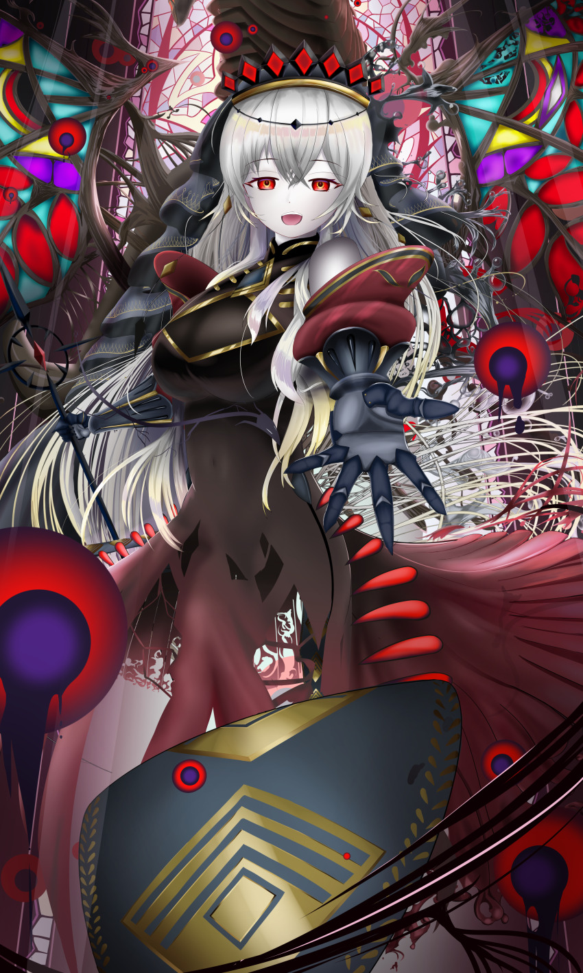1girl absurdres black_tiara black_veil blazing_cartesia_the_virtuous breasts cathedral cleavage dragon_wings dress duel_monster ecclesia_(yu-gi-oh!) hair_between_eyes highres holding holding_sword holding_weapon kujo_kano large_breasts long_hair looking_at_viewer open_mouth reaching reaching_towards_viewer red_dress red_eyes smile solo stained_glass sword tiara veil weapon white_hair wings yu-gi-oh!
