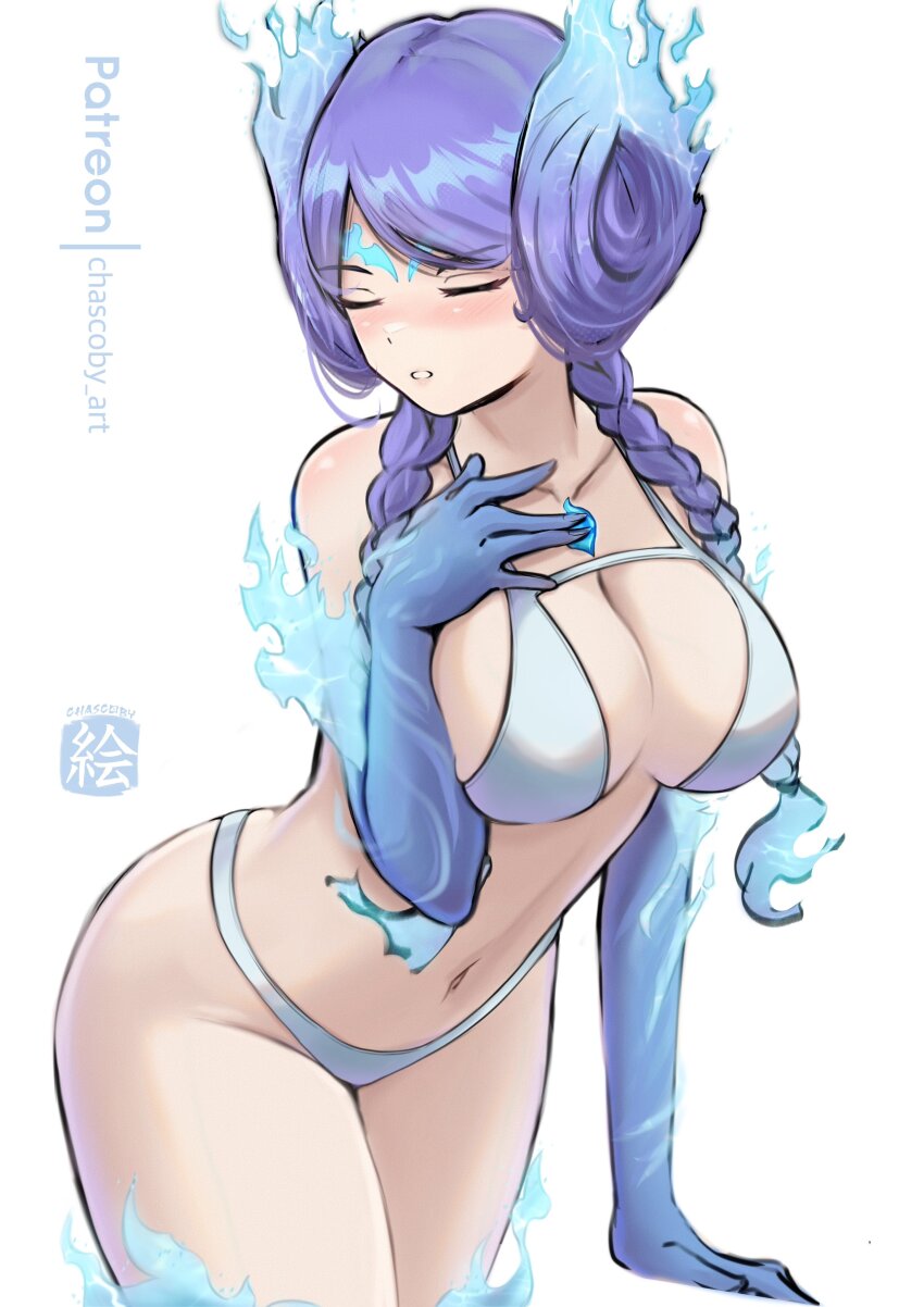 1girl absurdres bikini blush braid breasts brighid_(xenoblade) chascoby closed_eyes collarbone fiery_hair fire gloves highres large_breasts long_hair purple_hair swimsuit twin_braids xenoblade_chronicles_(series) xenoblade_chronicles_2