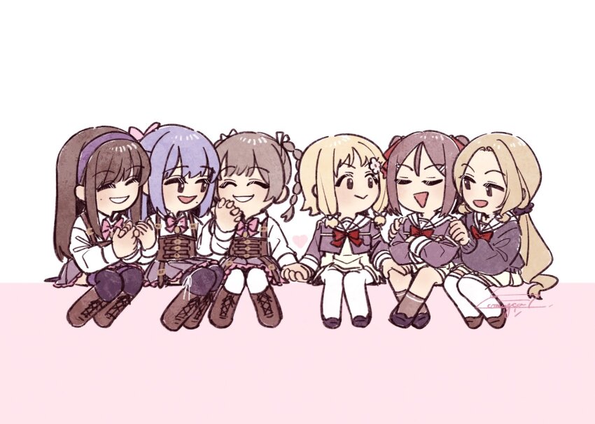 6+girls :&gt; ^_^ artist_name assault_lily belt belt_buckle black_eyes black_scrunchie black_thighhighs blonde_hair boots bow bowtie braid brown_belt brown_cardigan brown_footwear brown_hair brown_shirt brown_socks buckle cardigan chibi closed_eyes closed_mouth collared_shirt commentary_request corset cross-laced_footwear crossed_ankles crossed_arms crossover flower frilled_skirt frills fukuyama_jeanne_sachie grin hair_between_eyes hair_flower hair_ornament hair_ribbon hair_scrunchie hairband hairclip hands_on_another&#039;s_shoulders hands_up heart high-waist_skirt highres holding_hands interlocked_fingers inubouzaki_fuu inubouzaki_itsuki kishimoto_lucia_raimu kishimoto_maria_mirai knee_boots kneehighs knees_together_feet_apart komuzuka lace-up light_brown_hair long_hair long_sleeves looking_at_another looking_to_the_side low_twintails ludvico_private_girls&#039;_academy_school_uniform miniskirt miyoshi_karin mole mole_above_mouth mole_under_eye multiple_belts multiple_girls open_mouth pantyhose parted_bangs parted_lips pink_background pink_bow pink_bowtie pleated_skirt purple_hair purple_hairband red_bow red_bowtie ribbon sailor_collar sanshuu_middle_school_uniform school_uniform scrunchie serafuku shirt short_hair siblings side-by-side signature sisters sitting skirt smile socks suspenders thighhighs triangle_mouth twin_braids twintails two-tone_background underbust very_long_hair white_background white_flower white_pantyhose white_ribbon white_sailor_collar white_shirt white_skirt yuuki_yuuna_wa_yuusha_de_aru yuusha_de_aru