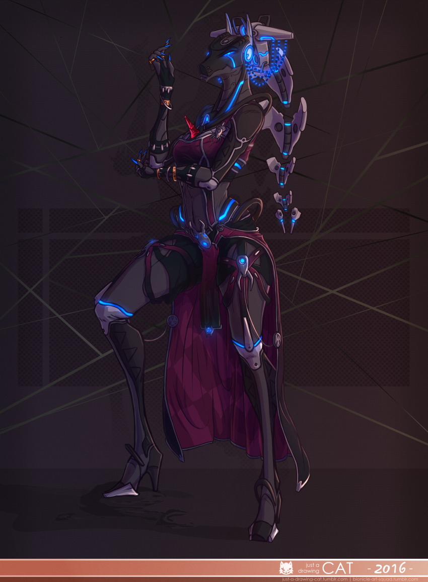 1girl 2016 absurdres bionicle black_shorts blue_eyes breasts glowing glowing_eyes hand_on_own_elbow highres humanoid_robot justrube looking_at_viewer midriff navel robot roodaka_(bionicle) shadow shorts small_breasts smile the_lego_group watermark web_address