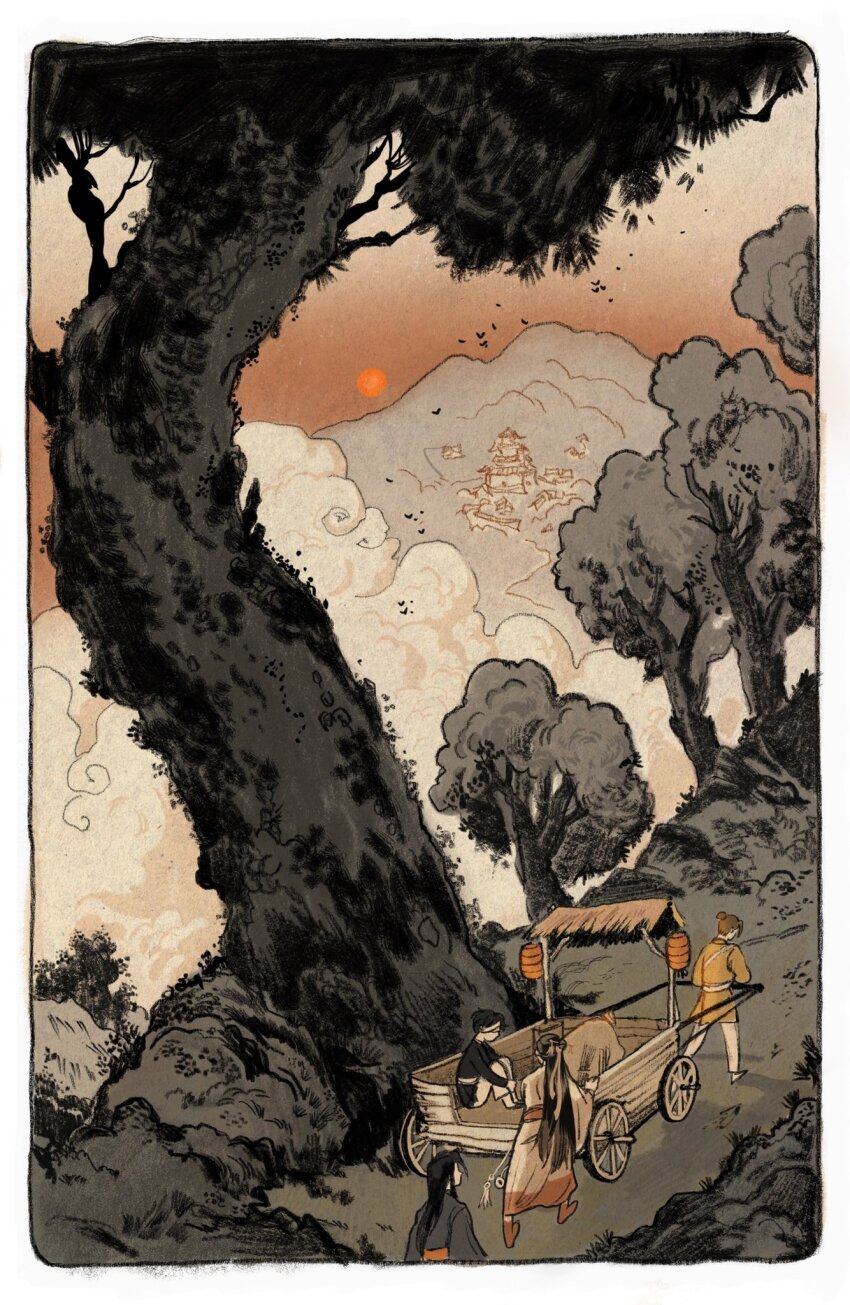 4boys above_clouds architecture black_hair black_hanfu black_shirt border brown_hair cart child chinese_clothes cloud commentary east_asian_architecture english_commentary feng_xin hair_ribbon hanfu highres hua_cheng lantern long_hair male_focus mountain mountainous_horizon mu_qing_(tianguan_cifu) multiple_boys nature official_art orange_sky outdoors pants paper_lantern path red_sun red_trim ribbon road rounded_corners scenery shirt short_hair sitting sky standing sunset tianguan_cifu tree tunic very_long_hair walking white_border white_hanfu white_pants white_ribbon wide_shot xie_lian yaroslava_murashko yellow_tunic