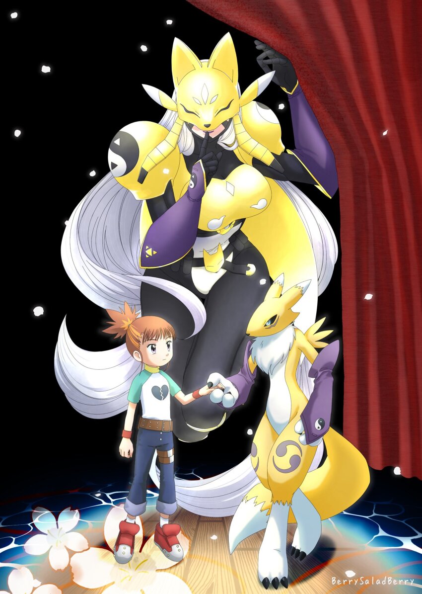 2girls armor black_bodysuit black_sclera blue_pants body_fur bodysuit breasts broken_heart_print brown_hair colored_sclera denim digimon digimon_(creature) digimon_tamers finger_to_mouth fox_mask full_body gold_armor grey_hair high_ponytail highres holding_hands large_breasts lipstick makeup makino_ruki mask medium_hair multiple_girls pants ponytail print_shirt renamon sakuyamon saradaberi shirt white_shirt yellow_fur yin_yang