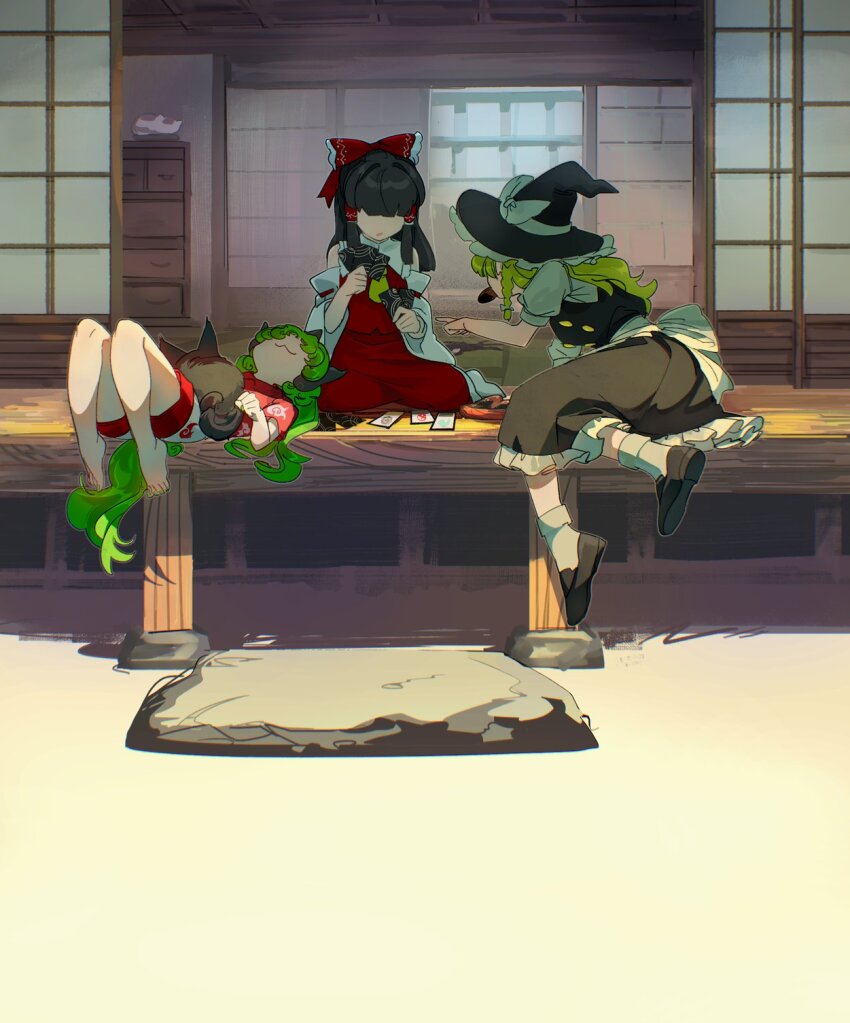 3girls :3 ability_card_(touhou) architecture barefoot black_footwear black_hair black_hat black_skirt black_vest blonde_hair bow braid buttons card chamaruk chen chen_(cat) closed_mouth day detached_sleeves double-breasted east_asian_architecture food food_in_mouth frilled_skirt frills green_hair hair_bow hair_tubes hakurei_reimu hat hat_bow highres holding holding_card horns kariyushi_shirt kirisame_marisa knees_up komainu_ears komano_aunn leaning_forward long_hair lying multiple_girls nontraditional_miko on_back paw_pose pointing puffy_short_sleeves puffy_sleeves red_bow red_shirt red_skirt red_vest ribbon-trimmed_sleeves ribbon_trim senbei shirt shoes short_sleeves shorts shouji side_braid sidelocks single_horn sitting skirt sliding_doors socks touhou veranda vest white_bow white_shirt white_sleeves white_socks wide_sleeves witch witch_hat