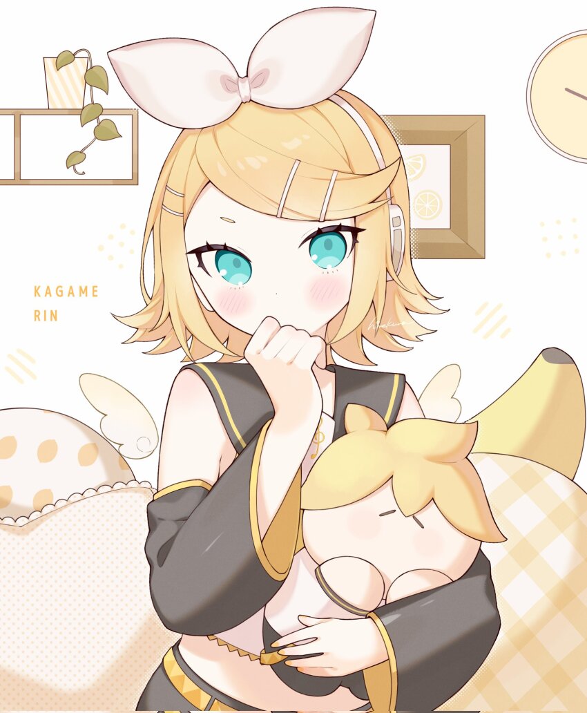 1girl analog_clock banana belt black_sailor_collar black_shorts black_sleeves blonde_hair blue_eyes blush bow character_doll character_name clock commentary_request covering_own_mouth detached_sleeves detached_wings doll english_text food fruit hair_bow hair_ornament hairclip hand_up headphones highres holding holding_doll indoors kagamine_len kagamine_rin lemon lemon_slice looking_at_viewer midriff mr_(1937mrtary) pillow plaid_pillow plant polka_dot_pillow potted_plant sailor_collar shirt short_hair shorts sidelocks solo swept_bangs treble_clef upper_body vocaloid white_bow white_shirt wide_sleeves wings yellow_belt yellow_nails