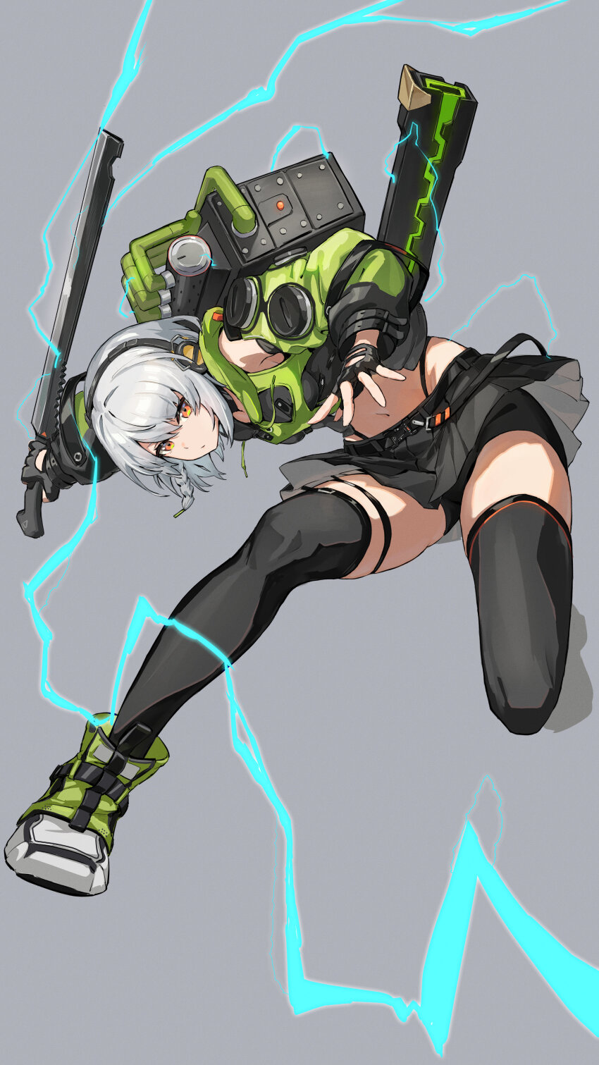 1boy absurdres anby_demara belted_skirt black_gloves black_skirt black_thighhighs braided_sidelocks closed_mouth crop_top fingerless_gloves full_body gloves green_jacket green_shoes green_sleeves grey_hair headphones highres holding holding_sword holding_weapon jacket lightning orange_eyes sakazuki_sudama shoes skirt sword thighhighs weapon zenless_zone_zero