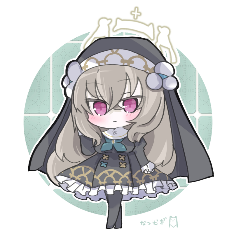1girl black_dress black_pantyhose blue_archive blue_neckerchief blush breasts chibi closed_mouth crossed_bangs dress frilled_skirt frills full_body grey_hair habit hair_between_eyes hat_ornament highres juliet_sleeves long_hair long_sleeves looking_at_viewer medium_breasts natsu_ya_mugi neckerchief nun pantyhose puffy_sleeves purple_eyes sakurako_(blue_archive) skirt smile solo standing white_background