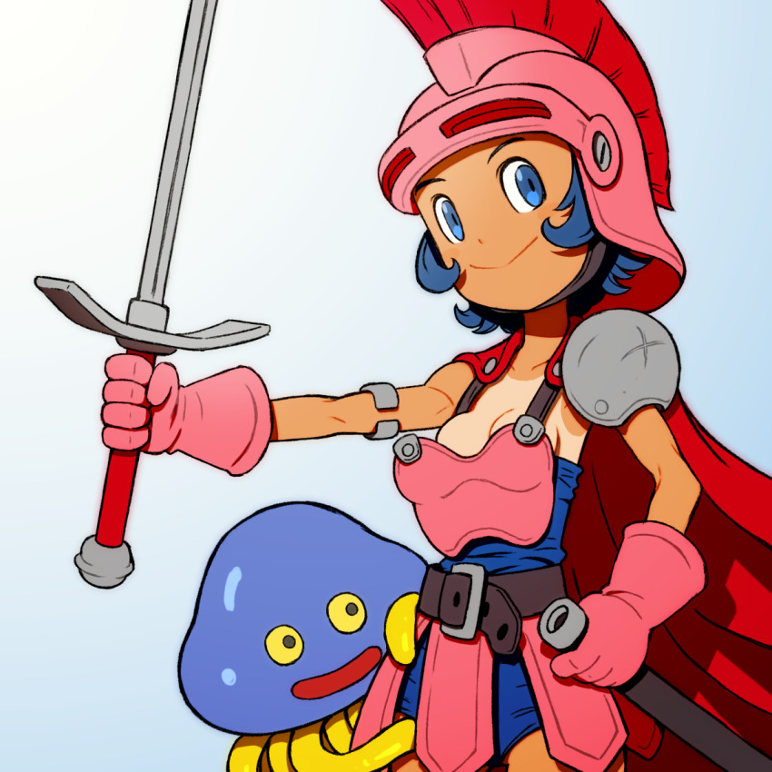 1girl armor beeru_(veil8801) belt belt_buckle black_belt blue_eyes blue_hair breastplate breasts buckle cape cleavage closed_mouth collarbone dragon_quest dragon_quest_iv genderswap genderswap_(mtf) gloves healslime helmet highres holding holding_sword holding_weapon medium_breasts one-piece_tan pink_armor pink_gloves pink_helmet red_cape ryan_(dq4) scabbard sheath short_hair single_shoulder_pad smile sword tan tanline weapon