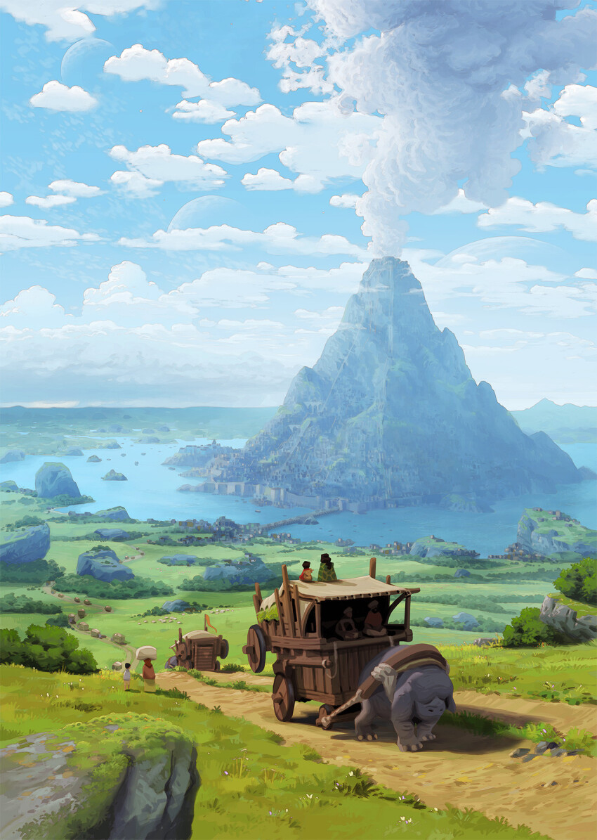 2boys 4girls blue_sky bush cloud daniellieske fantasy grass highres lake landscape mountain multiple_boys multiple_girls original outdoors panorama scenery sky wagon
