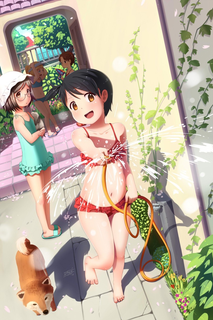 4girls :d ana_coppola animal bad_id barefoot bikini blue_bikini blush casual_one-piece_swimsuit child dog dutch_angle faucet feet ferret flip-flops frilled_bikini frilled_swimsuit frills glasses hat highres hose house ichigo_mashimaro idfer itou_chika ivy john leg_lift looking_at_viewer matsuoka_miu multiple_girls navel one-piece_swimsuit open_mouth outdoors petals plant railing red_bikini sakuragi_matsuri sandals satake_(ichigo_mashimaro) shade shiba_inu smile splashing standing standing_on_one_leg summer sunlight swimsuit tiles toenails toes visor_cap water water_gun