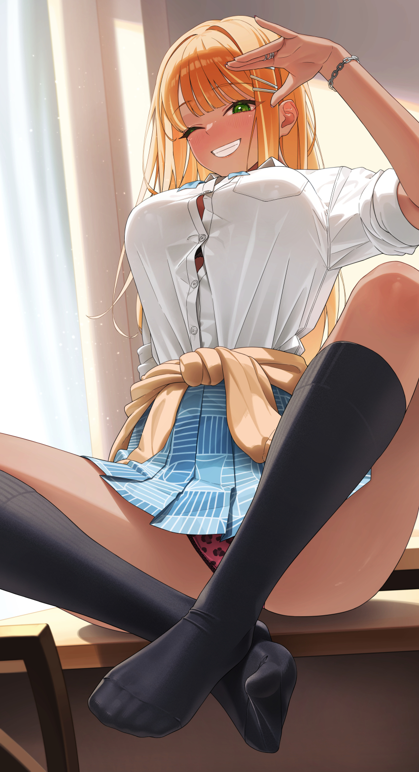 1girl absurdres animal_print black_bra black_socks blue_skirt blush bra bra_peek bracelet breasts brown_cardigan button_gap cardigan cardigan_around_waist clothes_around_waist commentary_request commission dark-skinned_female dark_skin gakuen_idolmaster grin gyaru hair_intakes hair_ornament hand_up hatsuboshi_gakuen_school_uniform hear_(kpmf4732) high-waist_skirt highres idolmaster indoors jewelry kneehighs kogal large_breasts leopard_print leopard_print_panties long_hair looking_at_viewer mole mole_under_eye on_table one_eye_closed orange_hair panties pantyshot pink_panties print_panties school_uniform shirt_tucked_in shiun_sumika sitting skirt sleeves_rolled_up smile socks soles solo straight_hair table tan underwear