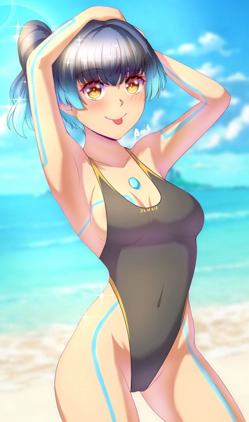1girl :p anisdrawn areola_slip armpits arms_up beach blue_hair blue_sky blush breasts highleg highleg_one-piece_swimsuit highres medium_breasts medium_hair ocean one-piece_swimsuit sand sena_(xenoblade) side_ponytail sky swimsuit tongue tongue_out water xenoblade_chronicles_(series) xenoblade_chronicles_3 yellow_eyes