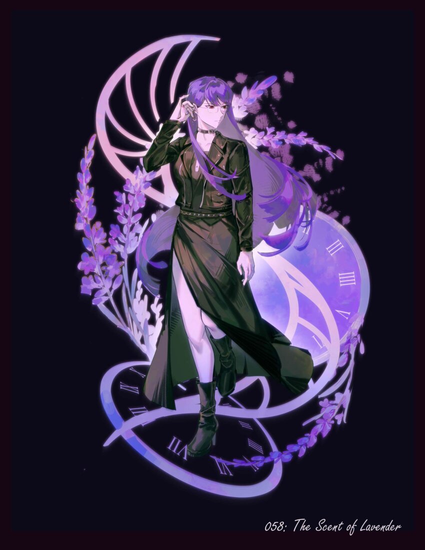 1girl adjusting_hair astruma2 black_dress black_jacket clock dark_background dress floral_background flower glasses highres jacket lavender_(flower) long_hair purple_hair red_eyes roman_numeral shizuhara_hiruko side_slit solo the_hundred_line_-last_defense_academy-