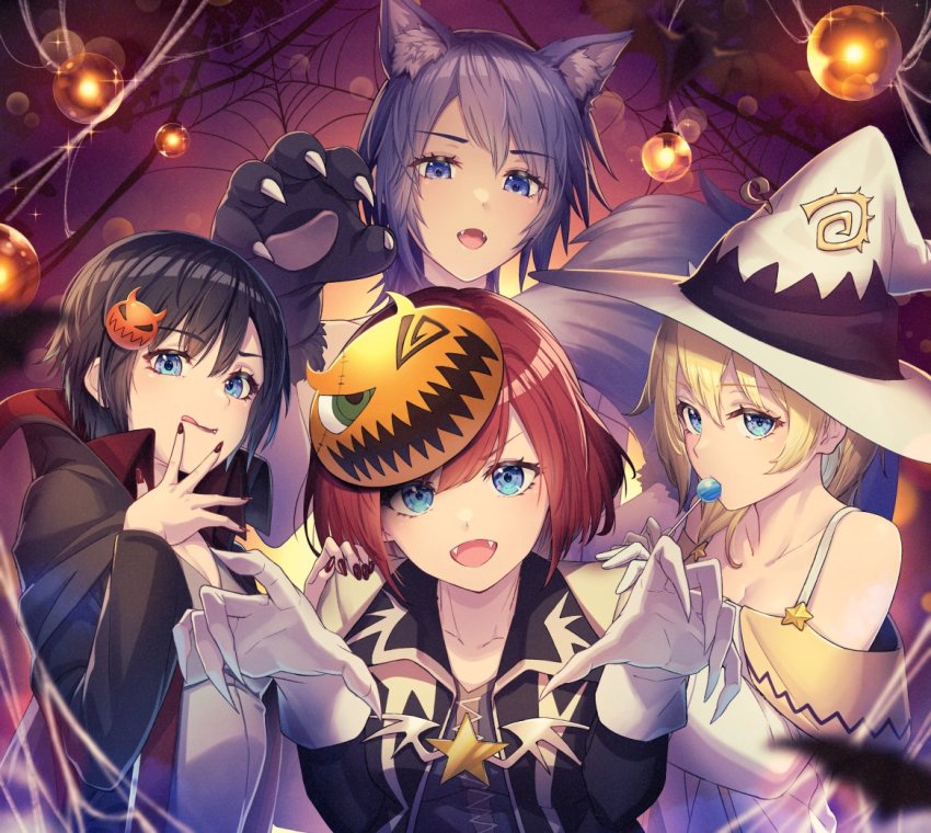 4girls animal_ears animal_hands aqua_(kingdom_hearts) black_hair blue_eyes candy cape fangs food gloves gogo_(detteiu_de) halloween halloween_costume hat kairi_(kingdom_hearts) kingdom_hearts licking_lips lollipop looking_at_viewer mask mask_on_head multiple_girls namine open_mouth paw_gloves short_hair smile sora_(halloween_town)_(kingdom_hearts) sora_(kingdom_hearts) tongue tongue_out upper_body vampire_costume werewolf_costume white_gloves witch_hat wolf_ears xion_(kingdom_hearts)