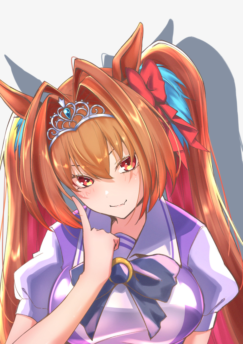 1girl absurdres animal_ears blush bow breasts brown_hair commentary daiwa_scarlet_(umamusume) danboru_(jdanboru1182) fang hair_between_eyes hair_intakes highres horse_ears horse_girl horseshoe_ornament large_breasts long_hair looking_at_viewer red_eyes school_uniform shirt skin_fang smile solo tiara tracen_school_uniform twintails umamusume very_long_hair