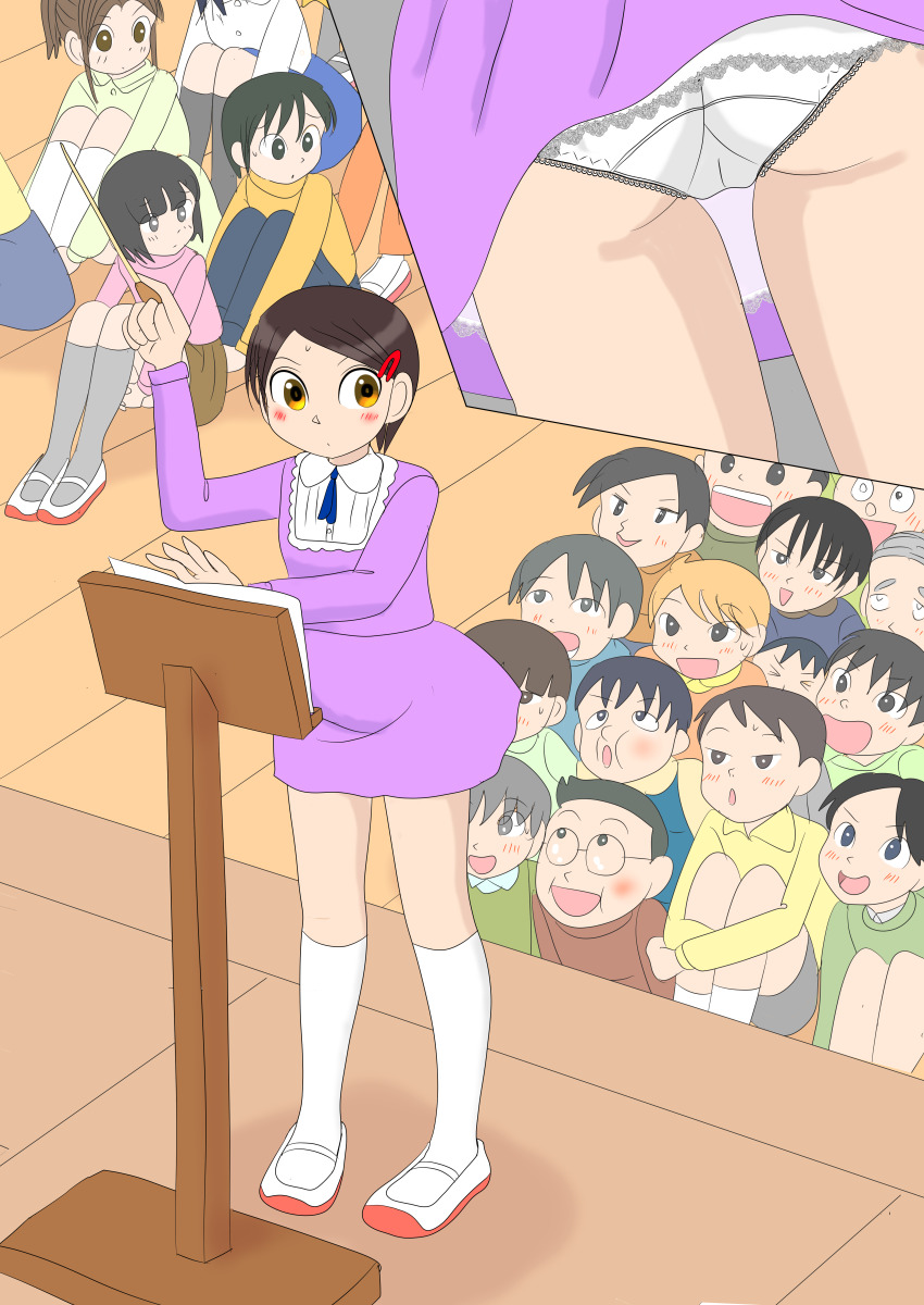 6+boys 6+girls absurdres ass black_eyes black_hair black_pants blonde_hair blue_ribbon blue_shirt blue_skirt blush brown_eyes brown_hair brown_shirt brown_skirt conductor conductor_baton crotch_seam dress embarrassed glasses green_shirt grey_eyes grey_hair grey_shorts grey_socks hair_ornament hairclip highres holding_baton kneehighs lace lace-trimmed_panties lace_trim loli long_hair long_sleeves looking_to_the_side multiple_boys multiple_girls multiple_views neck_ribbon open_mouth orange_pants orange_shirt original panties pants pink_shirt ponytail purple_dress ribbon school_uniform sexless2012 shirt shoes short_hair shorts sitting skirt smile socks stage standing sweat underwear upskirt uwabaki white_panties white_shirt white_shoes white_socks yellow_shirt