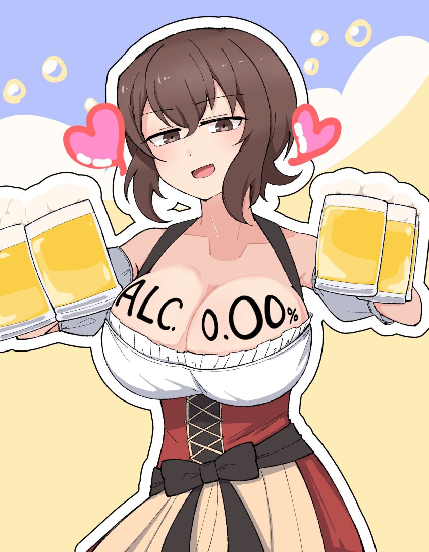 1girl absurdres alcohol apron bare_shoulders barmaid beer beer_mug bodice body_writing breasts brown_eyes brown_hair cup dirndl foam german_clothes germany girls_und_panzer hair_between_eyes half-closed_eyes heart highres holding holding_cup large_breasts looking_at_viewer mug nishizumi_maho oktoberfest open_mouth scrunchie short_hair sleeveless smile solo underbust waist_apron waitress white_scrunchie zannen_hero