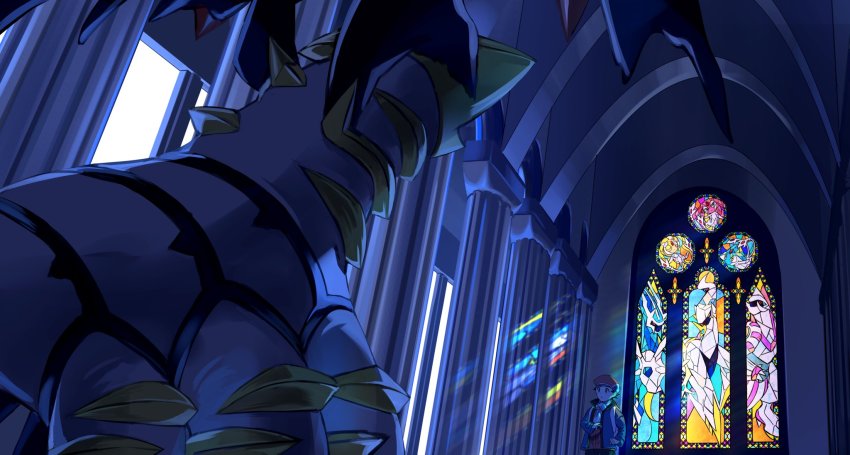 1boy arceus azelf character_print commentary_request creatures_(company) dialga from_below game_freak gen_4_pokemon giratina giratina_(altered) hat highres indoors jacket legendary_pokemon lucas_(pokemon) male_focus mesprit mythical_pokemon nintendo nmn_0 palkia pokemon pokemon_(creature) pokemon_dppt pokemon_platinum scarf short_hair stained_glass uxie