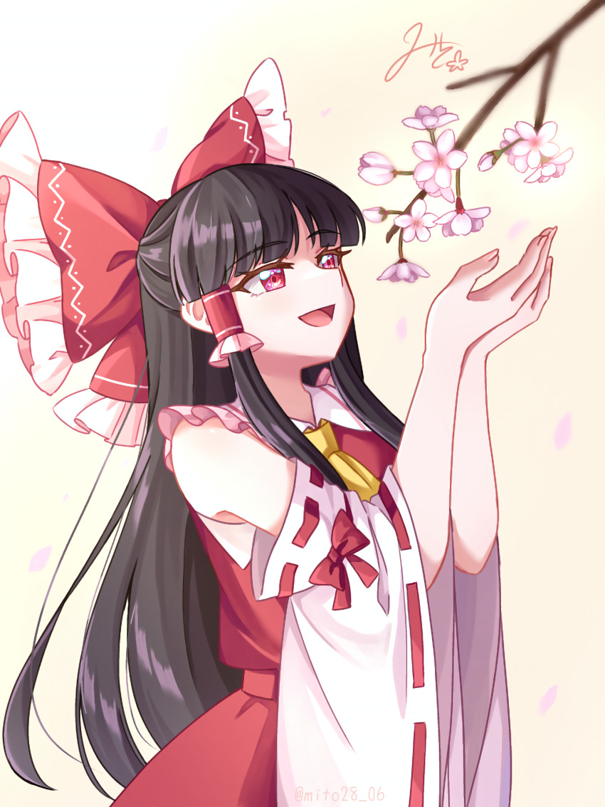 1girl ascot bow brown_hair cherry_blossoms commentary_request detached_sleeves falling_petals flower frilled_bow frilled_hair_tubes frills hair_bow hair_tubes hakurei_reimu highres long_hair miko_day mito_(fate) open_mouth petals pink_flower pink_petals red_bow red_eyes red_skirt ribbon-trimmed_sleeves ribbon_trim signature skirt skirt_set smile touhou twitter_username very_long_hair yellow_ascot