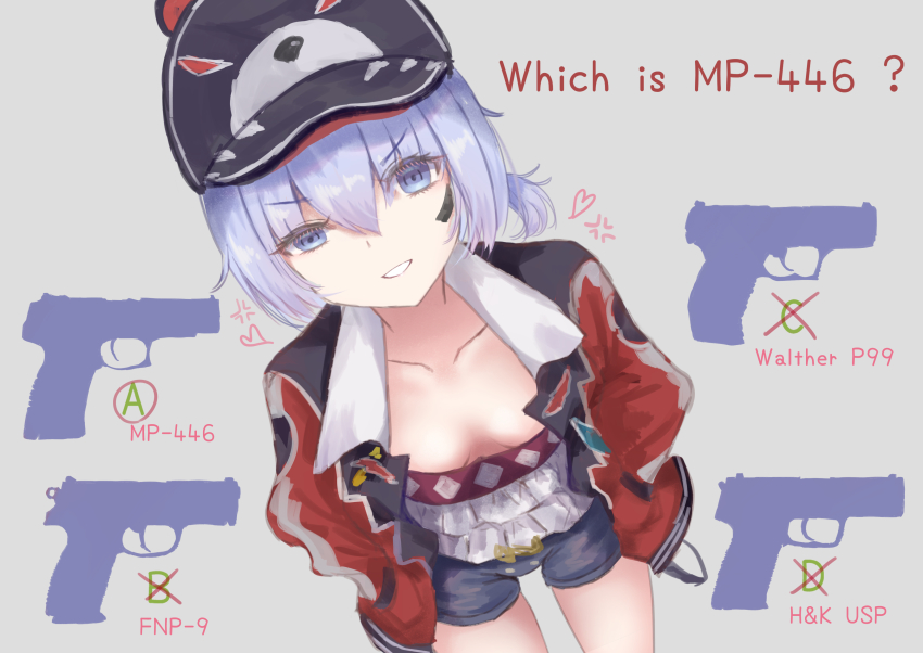 1girl ? absurdres anger_vein animal_ears animal_hat animal_print bear_ears bear_print blue_eyes blue_hair blue_shorts blush breasts closed_mouth collarbone dutch_angle fake_animal_ears fnp-9 girls&#039;_frontline grey_background gun h&amp;k_usp hair_between_eyes handgun hat heart highres jacket martinreaction mp-446_(boisterous_rogue)_(girls&#039;_frontline) mp-446_(boisterous_rouge)_(girls&#039;_frontline) mp-446_(girls&#039;_frontline) mp-446_viking official_alternate_costume open_clothes open_jacket short_hair short_shorts shorts silhouette simple_background skindentation small_breasts solo standing teeth thighs v-shaped_eyebrows walther walther_p99 weapon