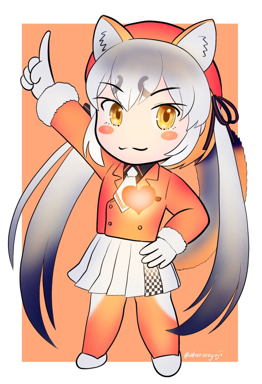 1girl aburaeoyaji full_body grey_hair heart highres island_fox_(kemono_friends) kemono_friends kemono_friends_v_project long_hair looking_at_viewer simple_background solo virtual_youtuber