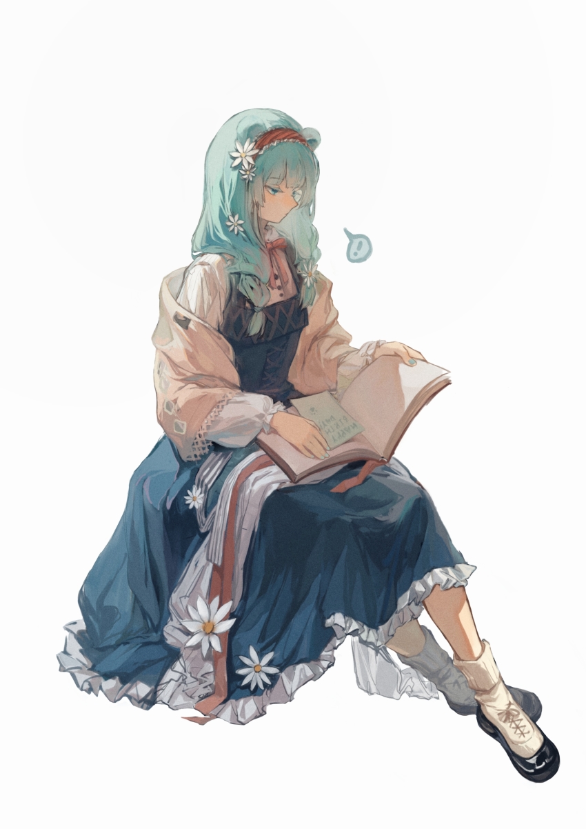 ! 1girl absurdres animal_ears arknights bear_ears black_shoes blue_dress blue_eyes blue_hair book braid breasts chinese_commentary closed_mouth dress expressionless eyelashes flower frilled_dress frilled_sleeves frills from_side full_body hair_flower hair_ornament hairband happy_birthday highres invisible_chair istina_(arknights) istina_(bibliosmia)_(arknights) light_blue_hair long_hair looking_down neck_ribbon ningjiu_9 note off_shoulder official_alternate_costume open_book paper pinafore_dress reading red_hairband red_ribbon ribbon shawl shirt shoes simple_background sitting sleeveless sleeveless_dress small_breasts socks solo spoken_exclamation_mark twin_braids white_background white_flower white_shirt white_socks