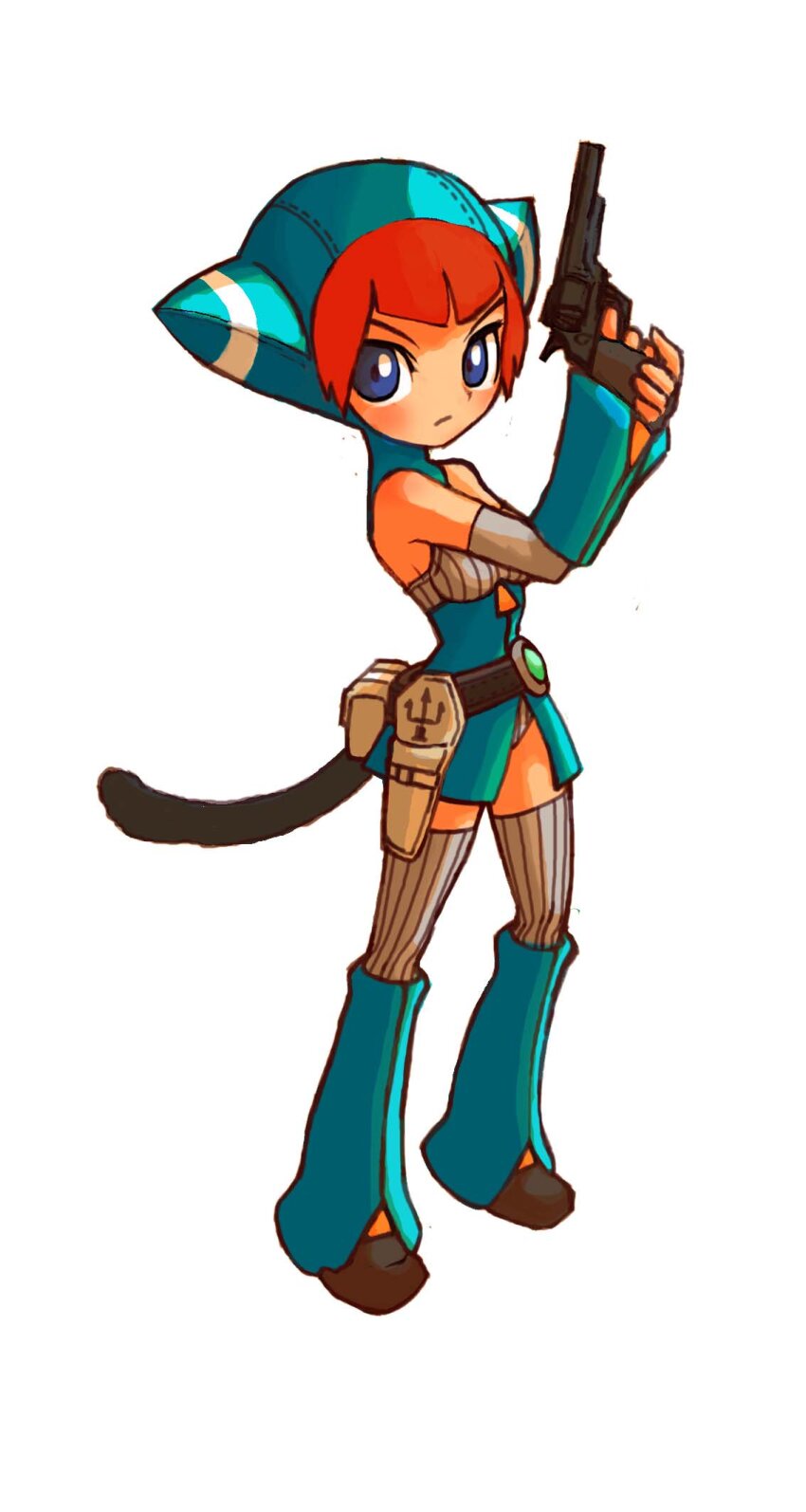 1girl animal_hood blue_eyes breasts breath_of_fire breath_of_fire_v cat_hood closed_mouth full_body gloves gun highres holding holding_gun holding_weapon hood izuna_yoshitsune lin_(breath_of_fire) looking_at_viewer medium_breasts orange_hair short_hair simple_background solo tail thighhighs weapon white_background