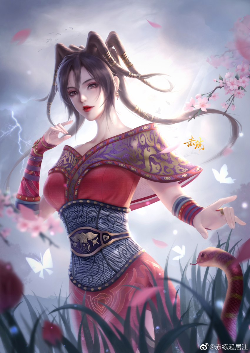 1girl absurdres bad_source bare_shoulders brown_hair bug butterfly chi_lian_(qin_shi_ming_yue) cloud cloudy_sky dress falling_petals floating_hair forked_tongue grass highres insect lightning long_hair multi-tied_hair off-shoulder_dress off_shoulder outdoors parted_lips petals qingyuan qinshi_mingyue red_dress sash second-party_source sky snake solo teeth tongue