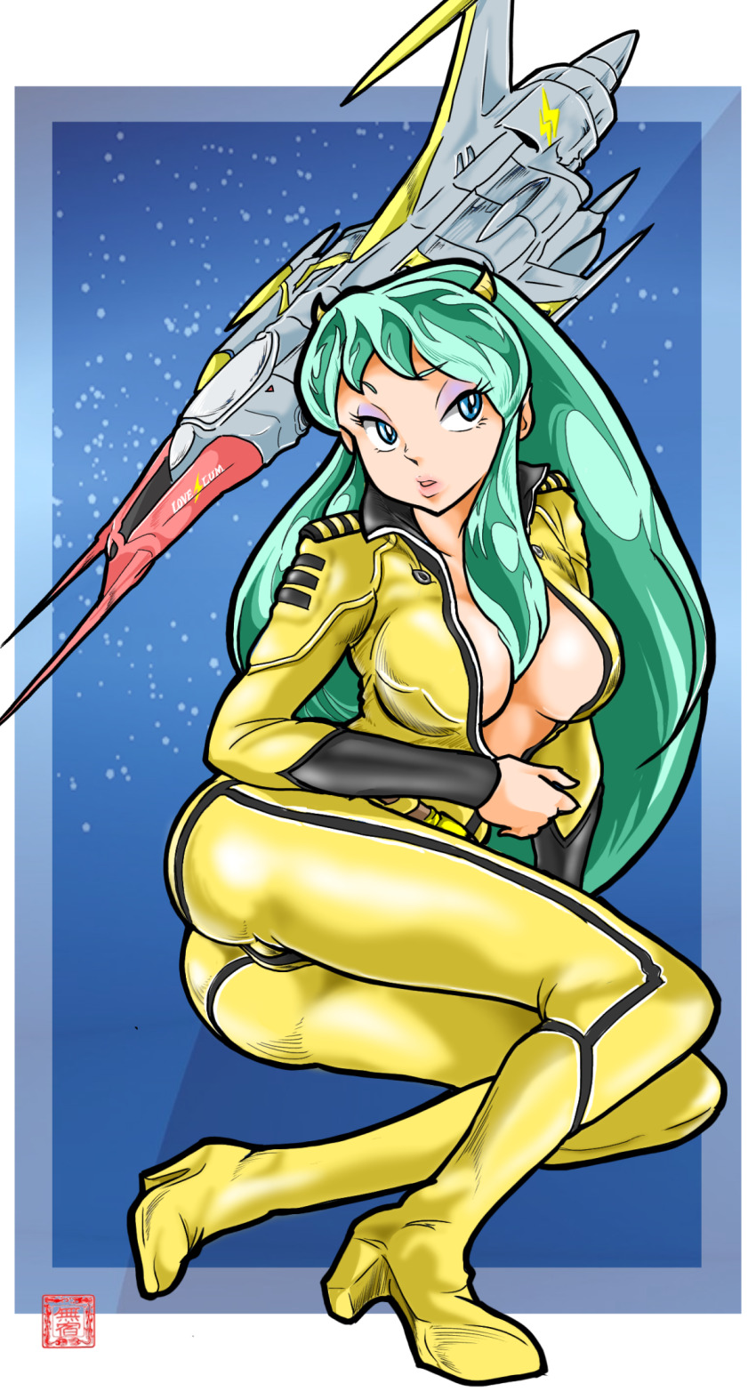 1girl alternate_costume ass blue_eyes bodysuit breasts cosplay green_hair highres horns large_breasts long_hair looking_at_viewer lum mori_yuki mushuku_(cgckfaoaoy4p1hx) oni solo uchuu_senkan_yamato urusei_yatsura
