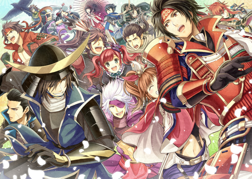 4girls 6+boys :d :o ^_^ aqua_eyes armor azai_nagamasa_(sengoku_basara) black_hair brown_eyes brown_hair chousokabe_motochika_(sengoku_basara) closed_eyes crossover date_masamune_(sengoku_basara) date_masamune_(sengoku_musou) eye_contact eyepatch genre_connection grin hair_between_eyes hair_over_one_eye headband helmet hosokawa_gracia_(sengoku_musou) ishida_mitsunari_(sengoku_musou) japanese_armor kabuto_(helmet) kajiwara_io katakura_kojuurou_(sengoku_basara) kunoichi_(sengoku_musou) long_hair looking_at_another looking_at_viewer maeda_keiji_(sengoku_basara) male_focus multiple_boys multiple_girls oichi_(sengoku_basara) oil-paper_umbrella okuni_(sengoku_musou) ootani_yoshitsugu_(sengoku_musou) open_mouth ponytail purple_eyes red_hair red_headband saika_magoichi_(sengoku_musou) sanada_clan_(emblem) sanada_yukimura_(sengoku_basara) sanada_yukimura_(sengoku_musou) sarutobi_sasuke_(sengoku_basara) sengoku_basara sengoku_musou short_hair side_ponytail smile toudou_takatora_(sengoku_musou) twintails umbrella white_hair