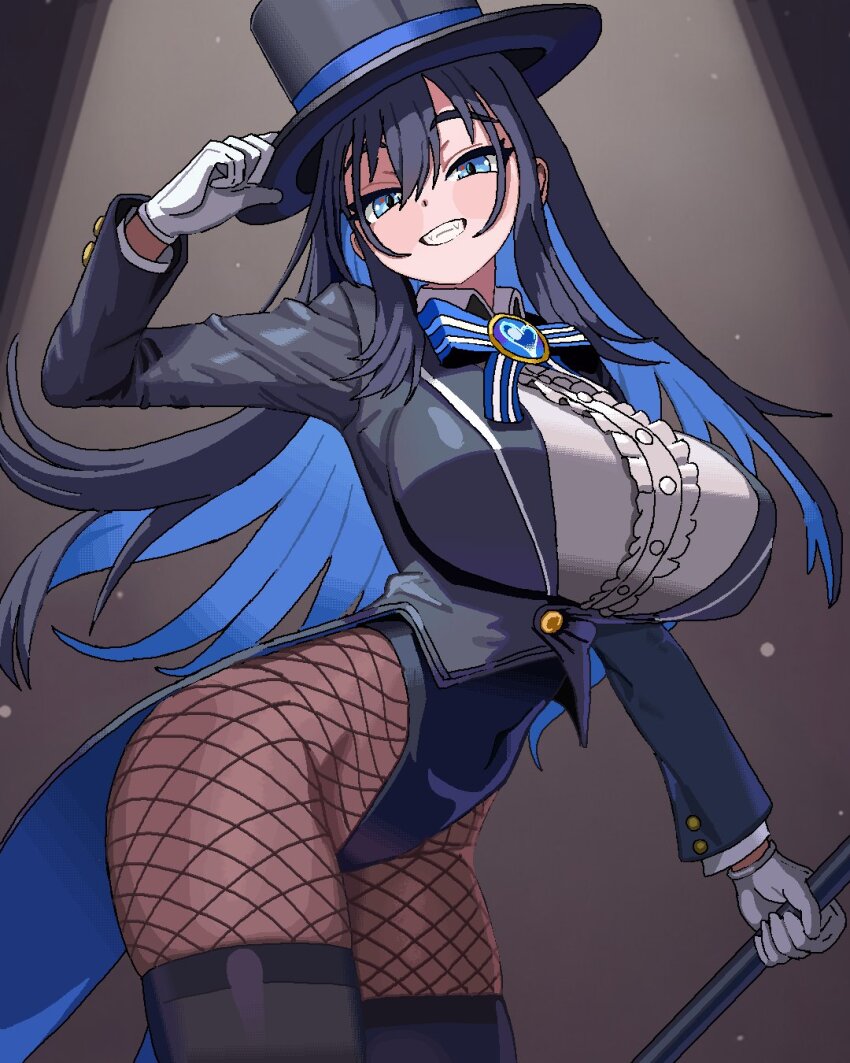 1girl alternate_costume black_hair blue_eyes blue_hair bow bowtie breasts cane cl_oor colored_inner_hair fishnet_pantyhose fishnets gloves hat hat_tip heart-shaped_gem highres holding hololive hololive_english jacket large_breasts leotard long_hair looking_at_viewer magician multicolored_hair ouro_kronii pantyhose smile solo spotlight tailcoat thighhighs top_hat two-tone_hair virtual_youtuber wand white_gloves