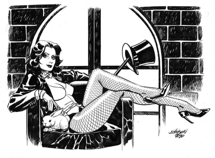 1girl black_hair dc_comics hat legs_up magician rabbit sitting top_hat zatanna zatanna_zatara