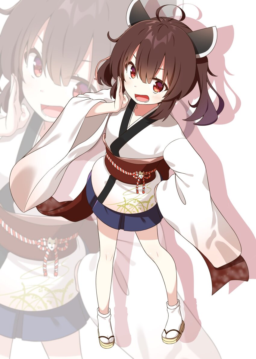 1girl :d ahoge ankle_socks blue_skirt brown_hair chaakusu commentary_request drop_shadow flat_chest from_above full_body gradient_clothes gradient_kimono hair_between_eyes hand_on_own_hip hand_to_own_mouth headgear highres japanese_clothes kimono looking_at_viewer medium_hair miniskirt obi obiage obidome obijime open_mouth pleated_skirt print_kimono red_eyes red_sash sandals sash skirt smile socks solo standing tabi touhoku_kiritan twintails v-shaped_eyebrows voiceroid white_kimono white_socks wide_sleeves yellow_sandals zoom_layer zouri