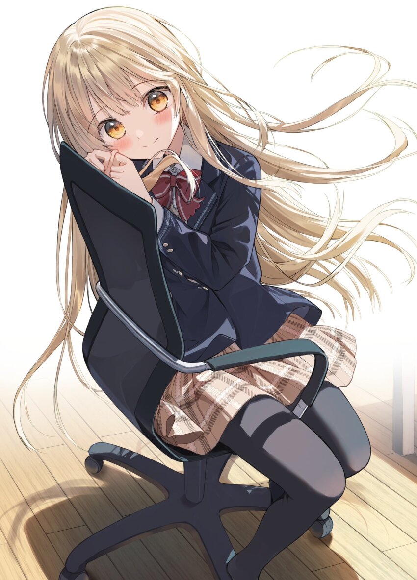 1girl black_pantyhose blazer blonde_hair blue_jacket bow bowtie closed_mouth collared_shirt floating_hair highres jacket long_hair long_sleeves looking_at_viewer on_chair otonari_no_tenshi-sama_ni_itsu_no_mani_ka_dame_ningen_ni_sarete_ita_ken pantyhose pentagon_(railgun_ky1206) school_uniform shiina_mahiru_(otonari_no_tenshi-sama) shirt sitting skirt smile white_background wooden_floor yellow_eyes
