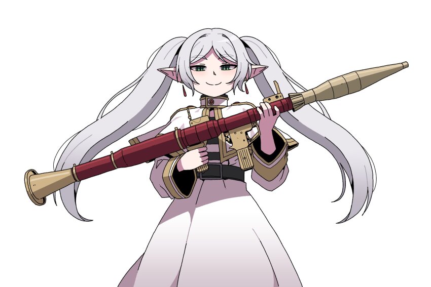 1girl anachronism capelet dress elf frieren from_below green_eyes highres holding holding_weapon karepack long_hair looking_at_viewer pointy_ears rocket_launcher rpg rpg-7 rpg_(weapon) simple_background smug solo sousou_no_frieren twintails weapon white_background white_capelet white_dress white_hair